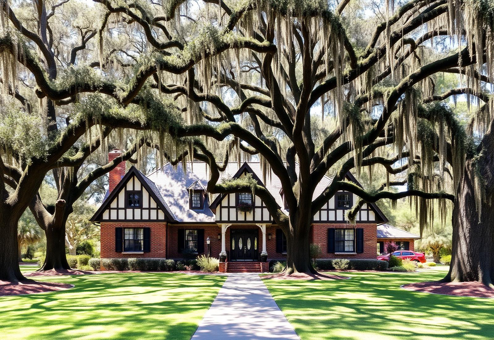 Brick Tudor-style home beneath live oaks in Ardsley Park, Savannah