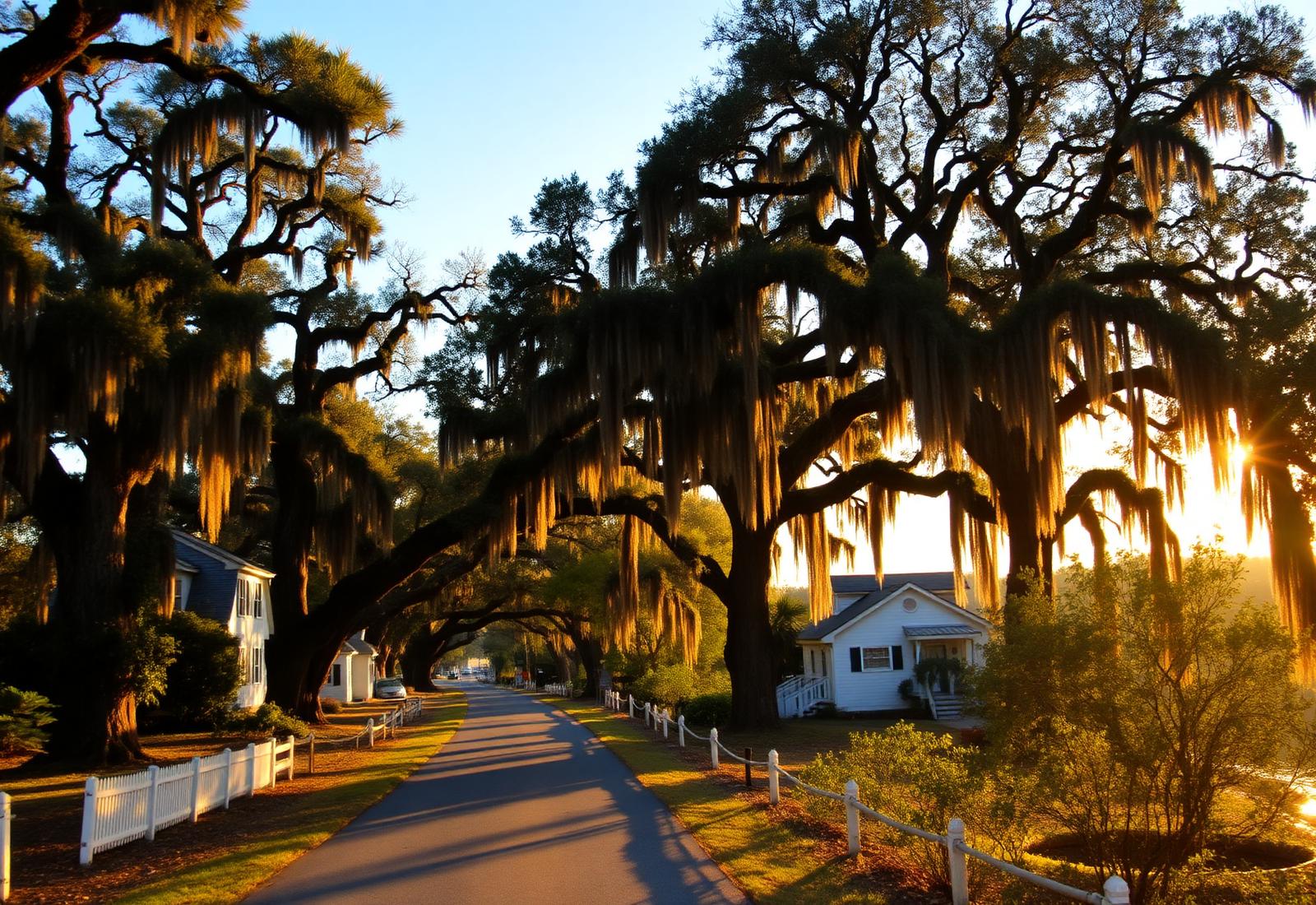 Live oak avenue and white cottages along the bluff at Isle of Hope