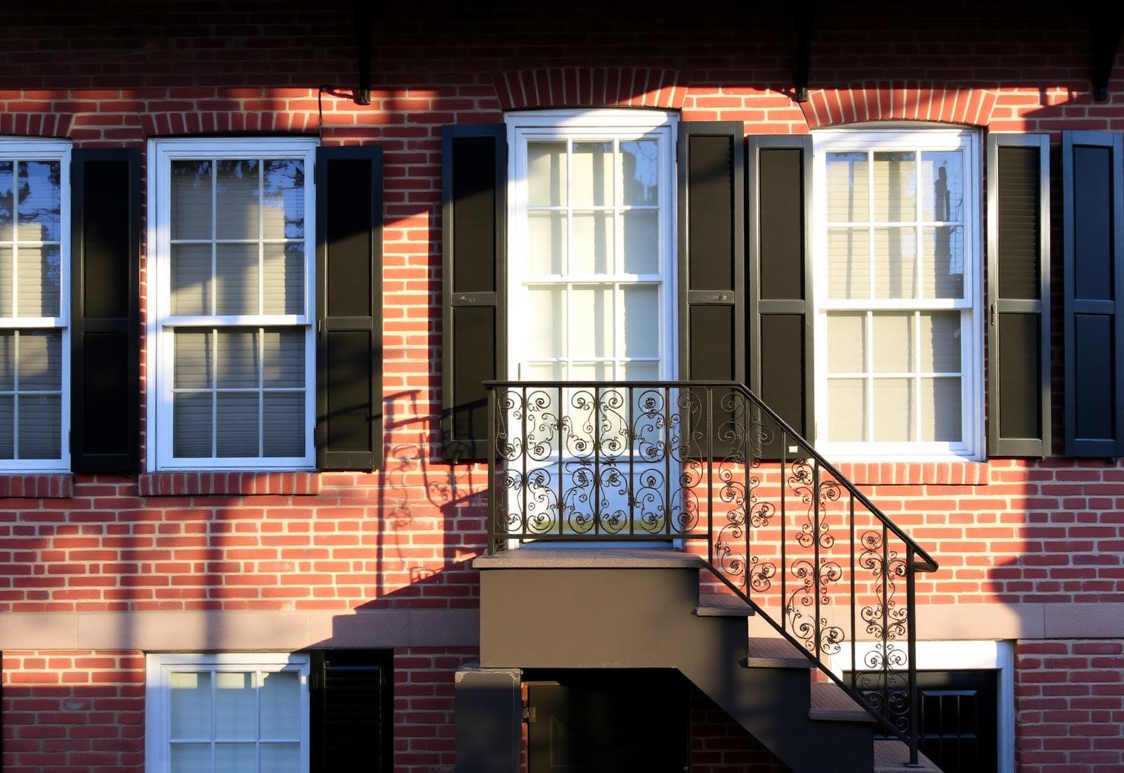 Brick Savannah rowhouse facade with wrought iron stair rail and tall shuttered windows