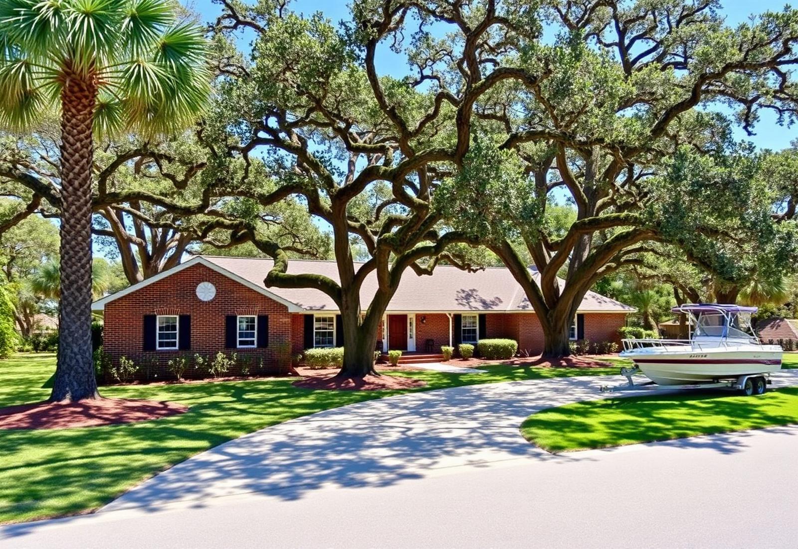 Single-story brick ranch shaded by oaks