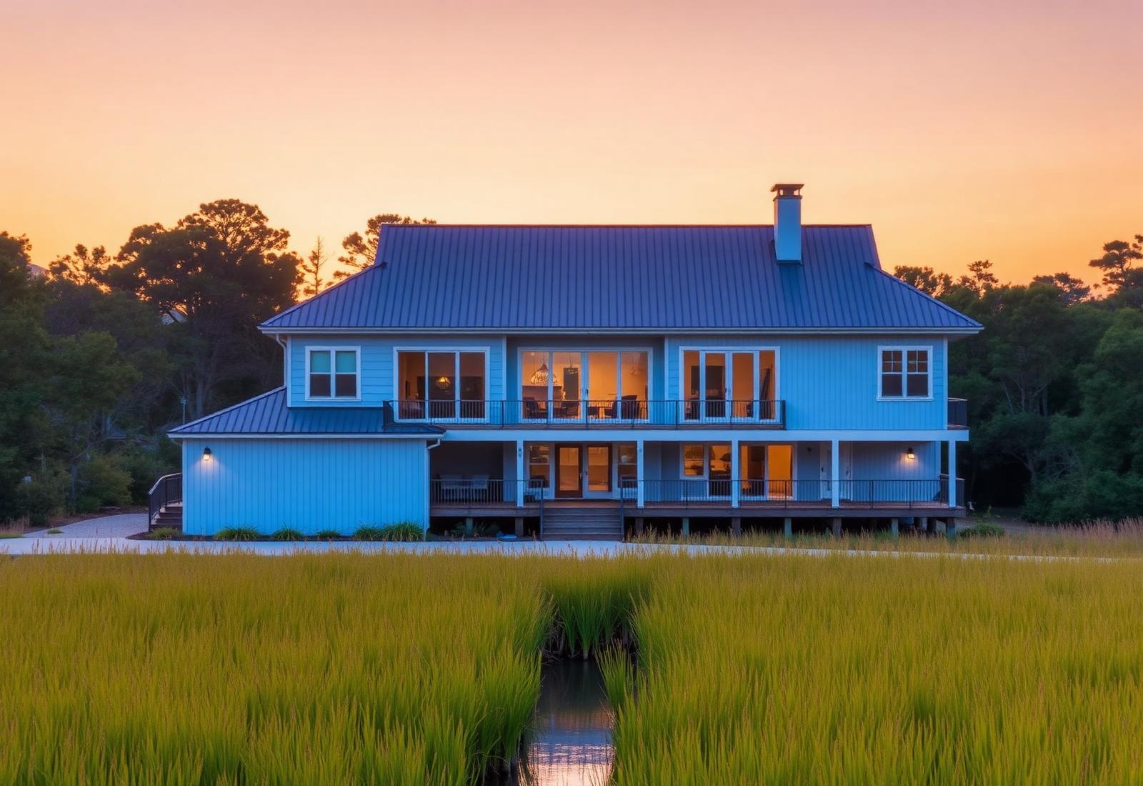 Elevated coastal home overlooking tidal marsh grass